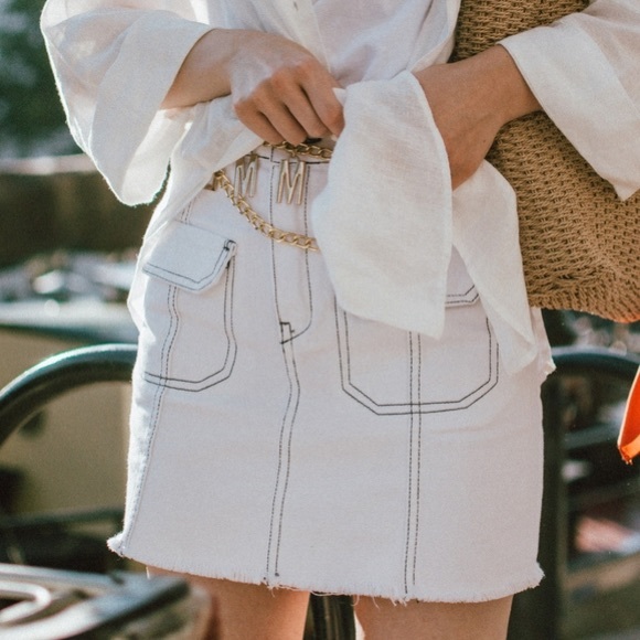White Denim Skirt w/ Navy Stitching - Picture 1 of 6